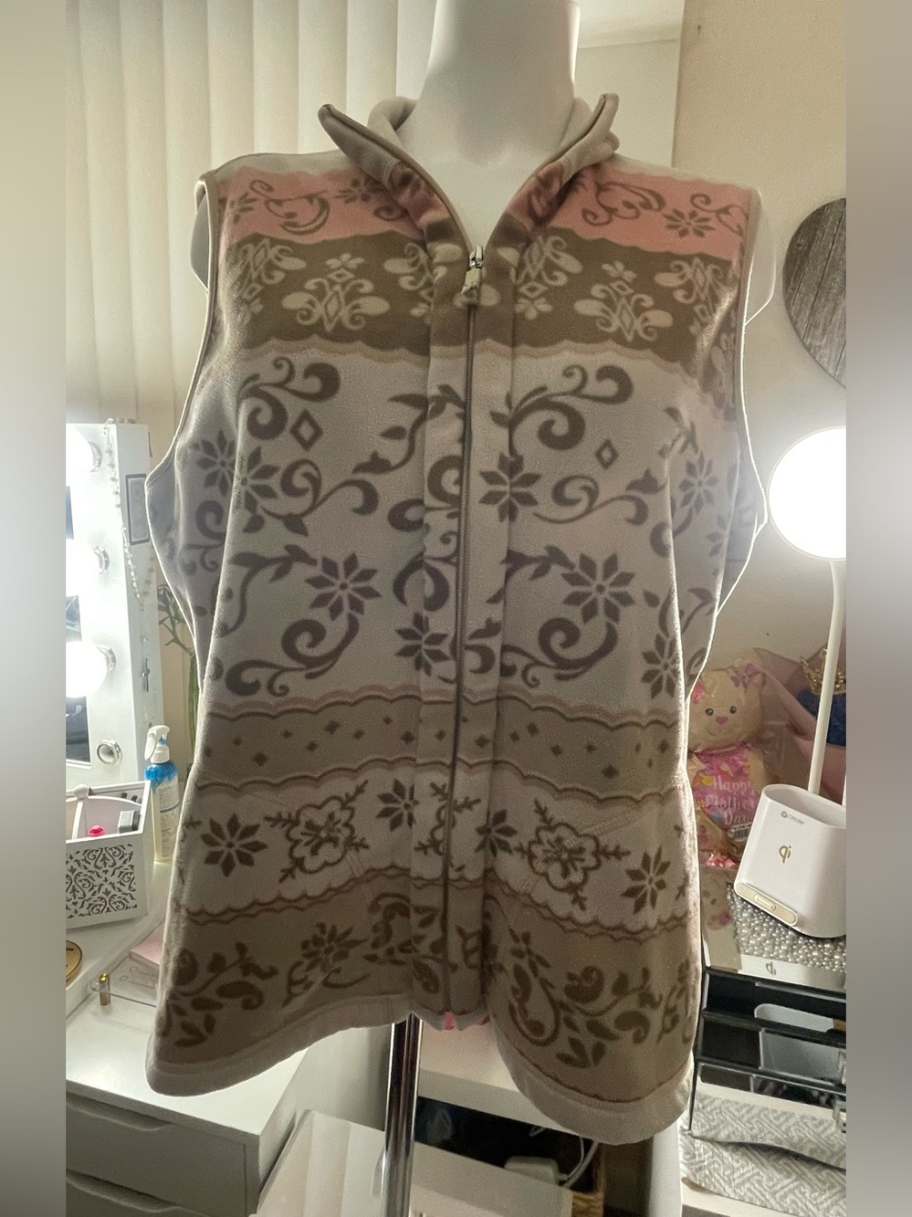 Allison Daley Floral Zip-Front Fleece Vest in Pink and Taupe